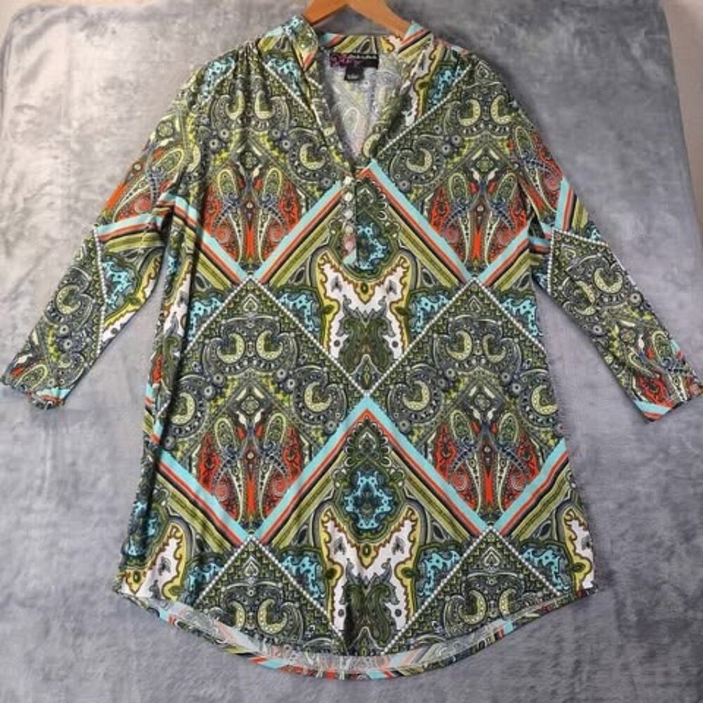 Peck & Peck Women Paisley Tunic Top L‎ Green Multicolor Stretch Boho Retro Artsy